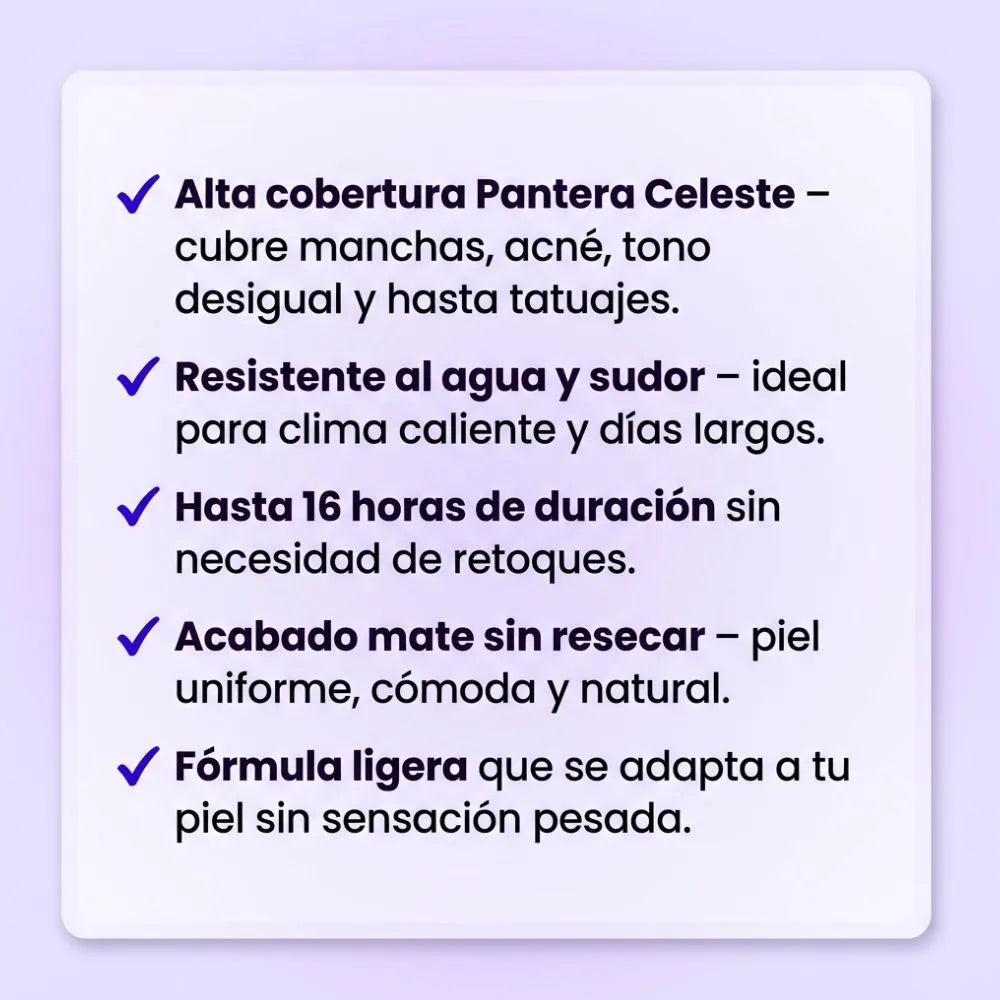 BASE DE MAQUILLAJE PANTERA CELESTE – Alta cobertura que dura todo el día