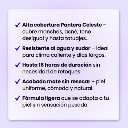 BASE DE MAQUILLAJE PANTERA CELESTE – Alta cobertura que dura todo el día