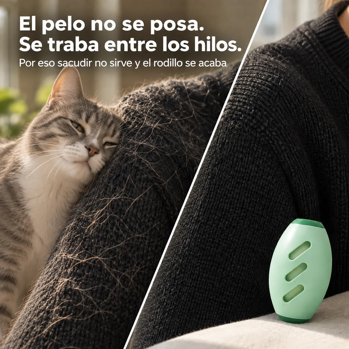 Comparación entre un saco negro cubierto de pelo de gato y la misma tela con una franja ya limpia, con un gato gris claro frotándose contra la manga peluda y la esfera verde menta apoyada en la esquina