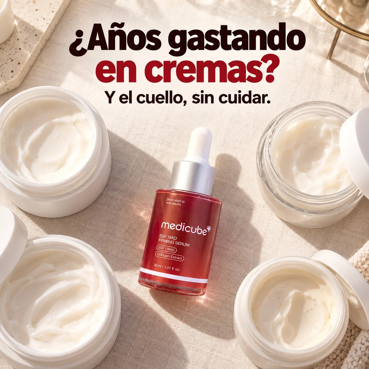 Tocador con potes de crema a medio usar y el frasco del sérum entre ellos