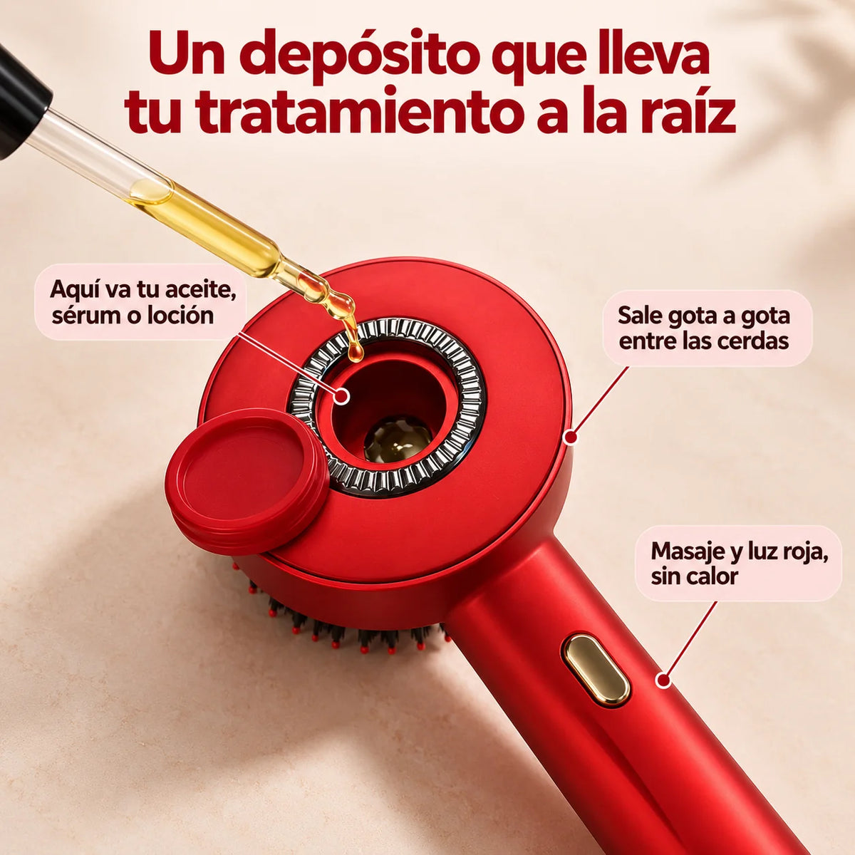 Depósito del cepillo LUMI-SCALP llenándose con aceite: sale gota a gota entre las cerdas