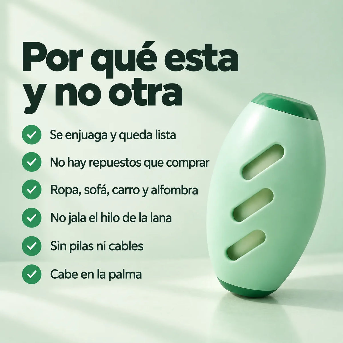 Tarjeta con seis beneficios del removedor de motas en checks verdes, con la esfera verde menta inclinada arriba a la derecha
