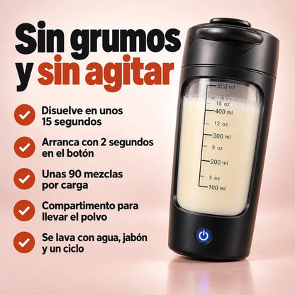 Vaso mezclador eléctrico negro en tres cuartos sobre fondo de estudio junto a una lista de cinco beneficios con checks