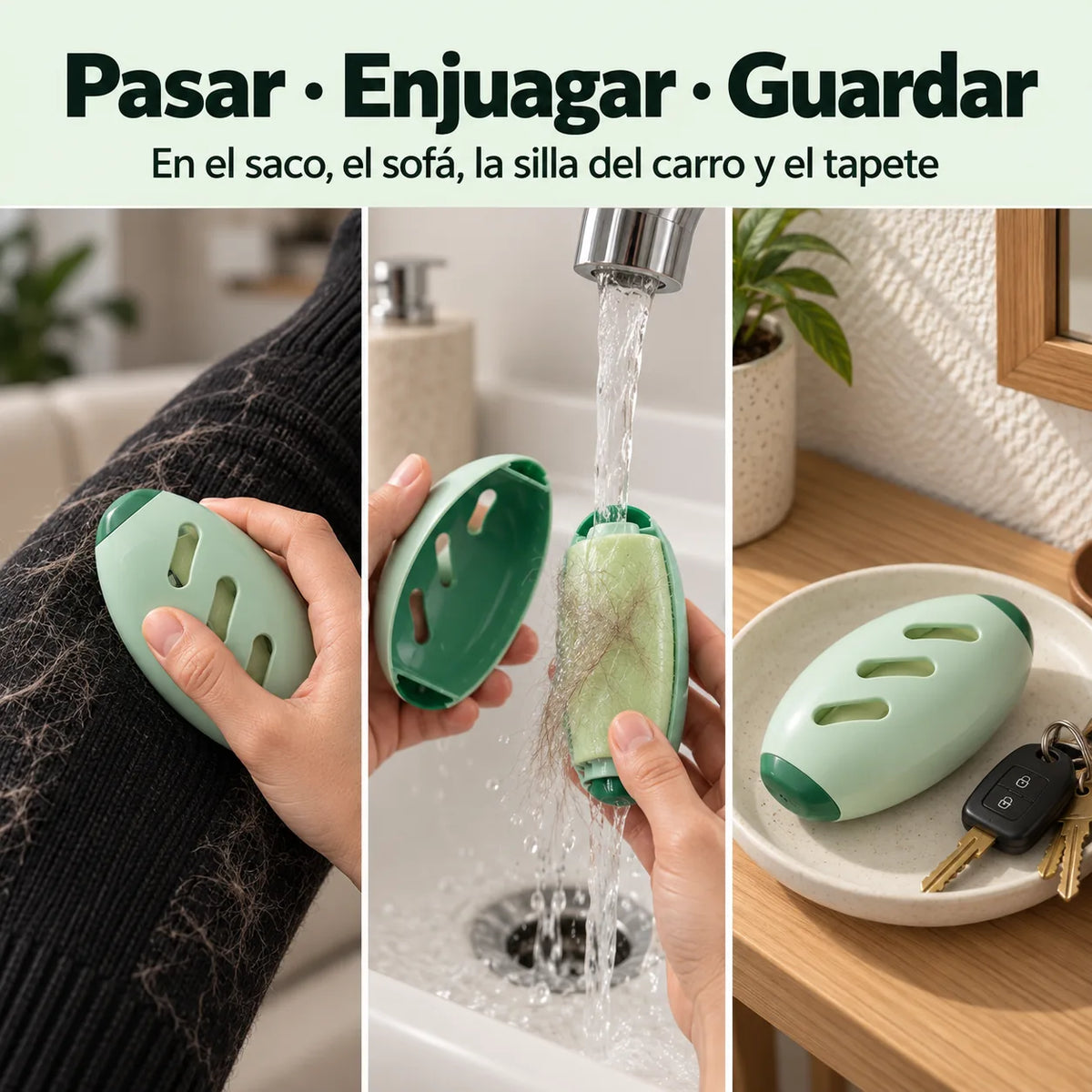 Tres viñetas mostrando cómo se usa el removedor de motas: pasarlo sobre un saco negro, enjuagarlo bajo el agua y guardarlo junto a las llaves