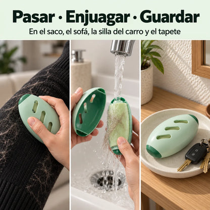 Tres viñetas mostrando cómo se usa el removedor de motas: pasarlo sobre un saco negro, enjuagarlo bajo el agua y guardarlo junto a las llaves