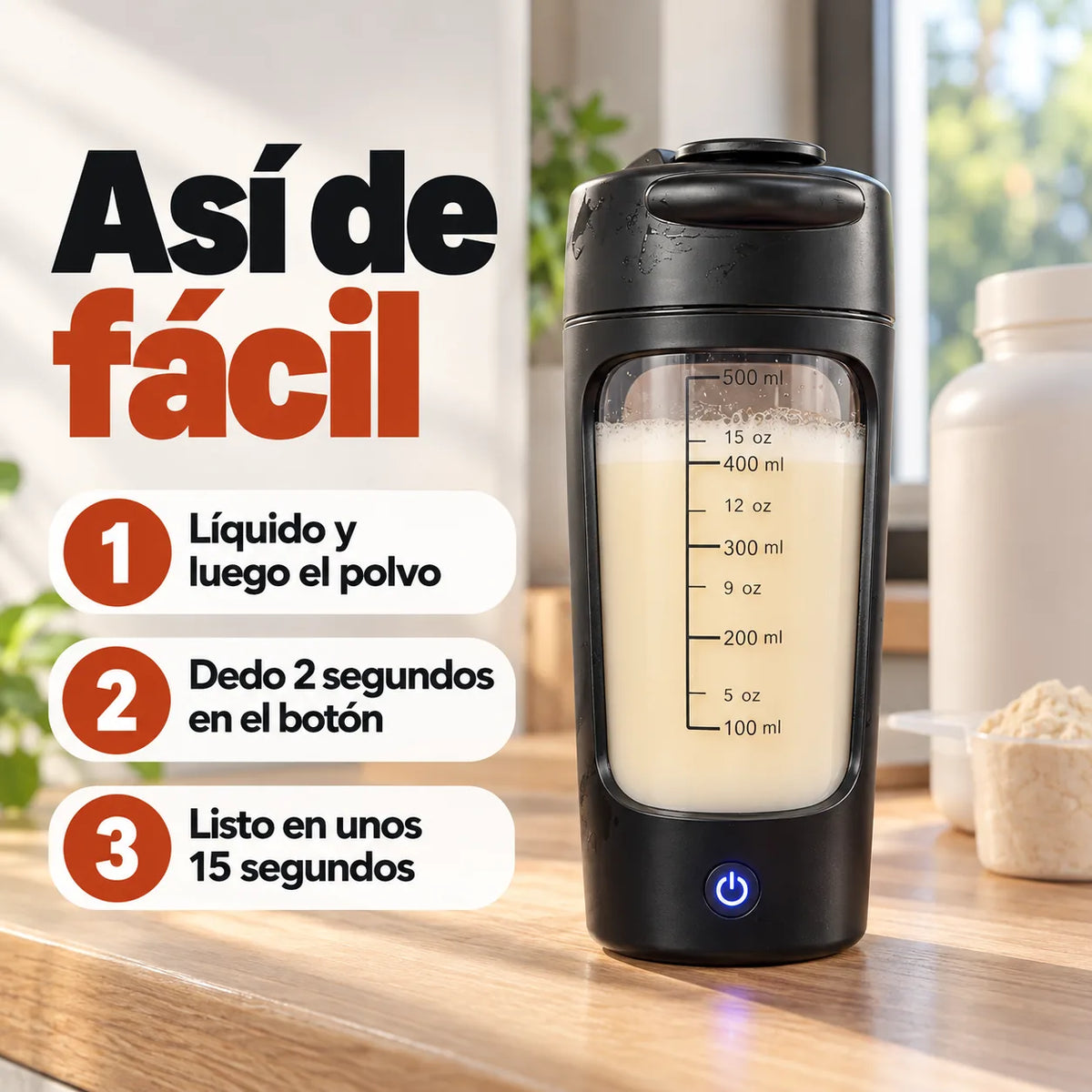 Vaso mezclador eléctrico negro de pie sobre un mesón con el botón encendido en azul y tres pasos numerados de uso