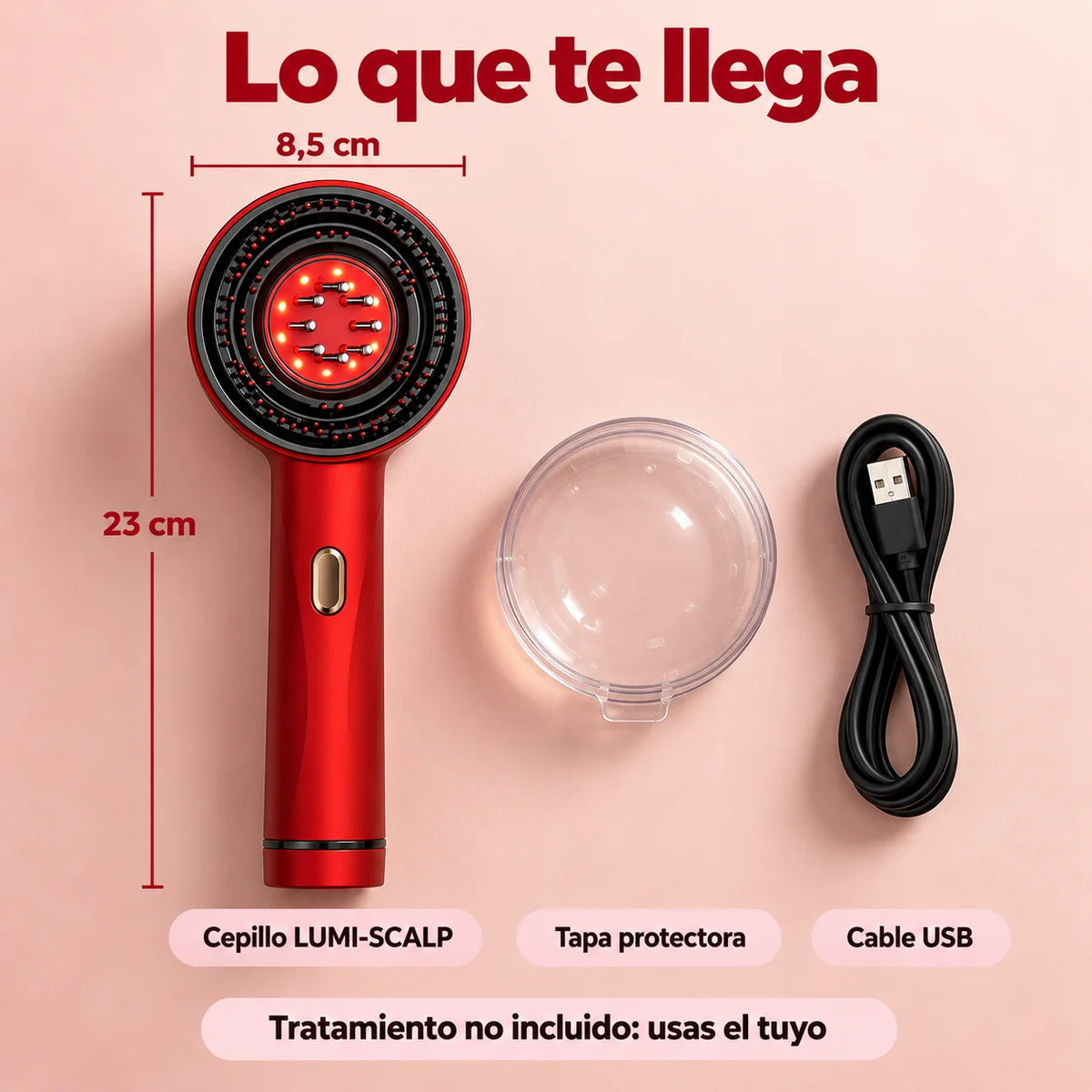 Lo que te llega: cepillo LUMI-SCALP de 23 cm, tapa protectora y cable USB