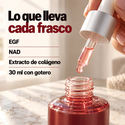 Gotero del sérum con una gota sobre la boca del frasco y la lista de lo que lleva