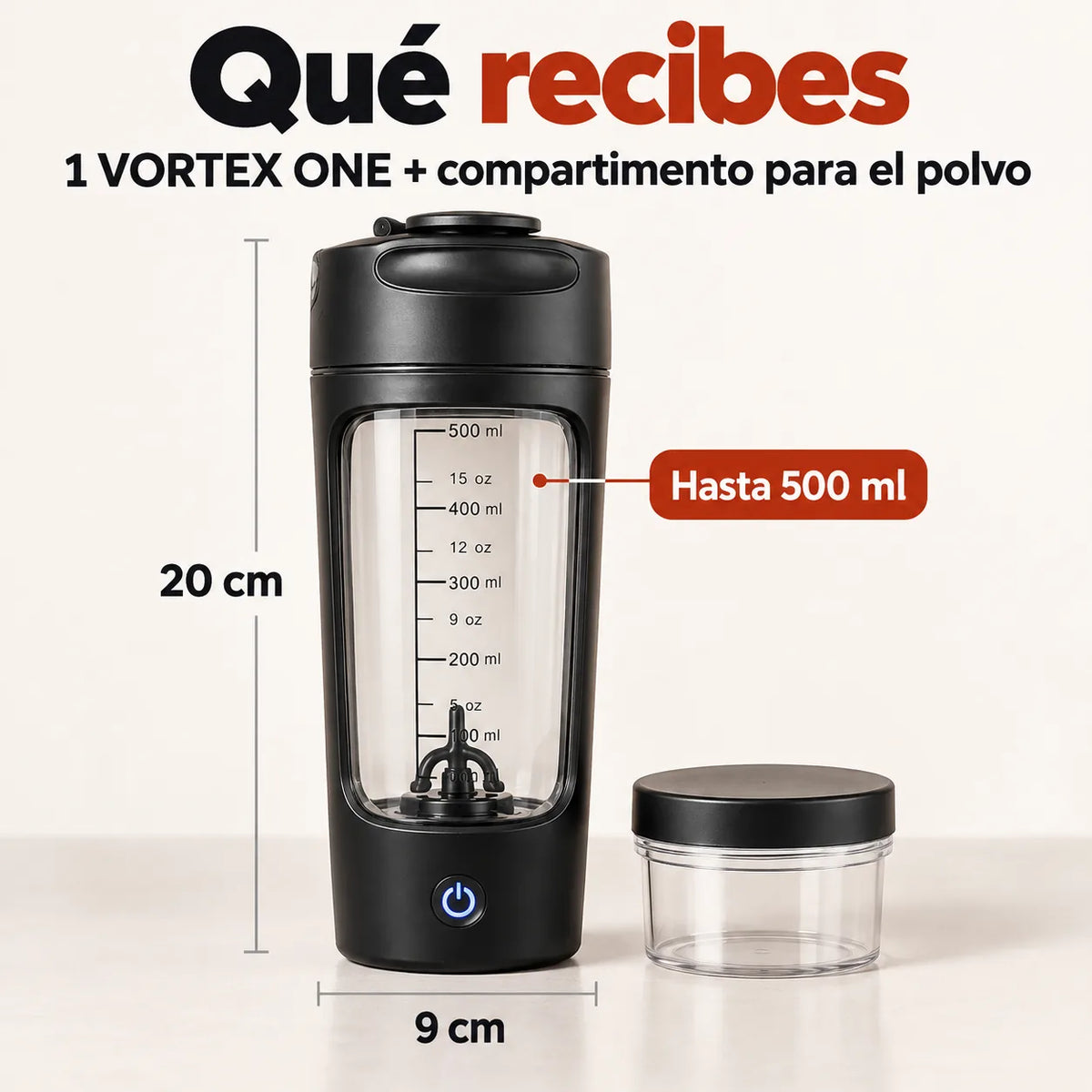 Vaso mezclador eléctrico negro de perfil con su compartimento para el polvo y sus medidas de 20 por 9 centímetros