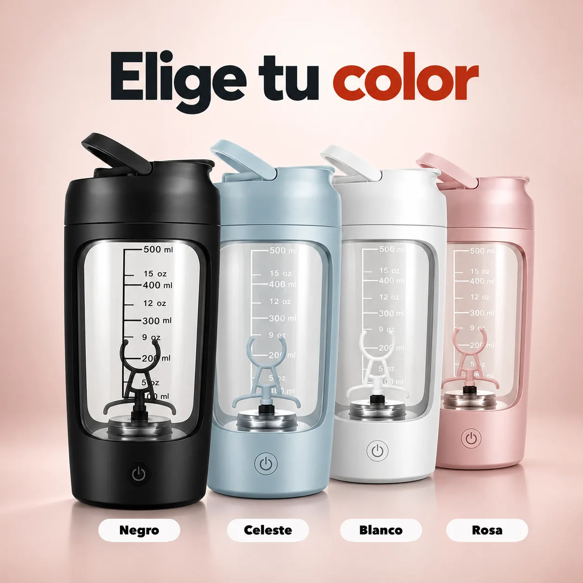 Vaso mezclador eléctrico VORTEX ONE en cuatro colores: negro, celeste, blanco y rosa