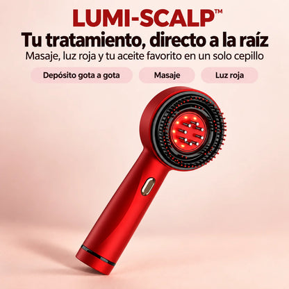Cepillo LUMI-SCALP rojo con la luz roja encendida: tu tratamiento, directo a la raíz