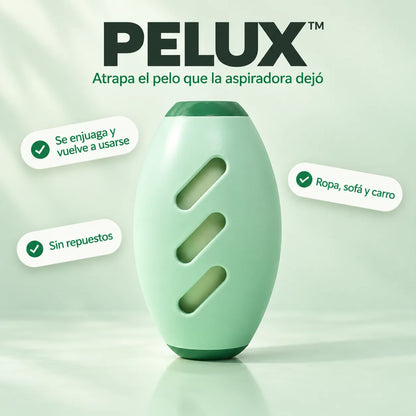 Portada de PELUX™: esfera ovalada verde menta con tres ranuras sobre fondo crema, con el titular "Atrapa el pelo que la aspiradora dejó"