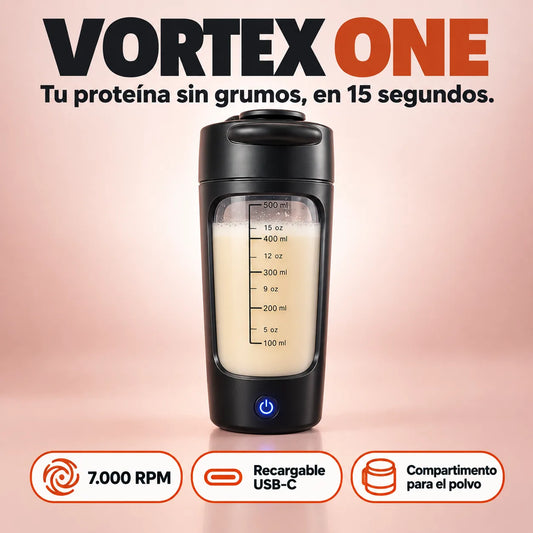 Vaso mezclador eléctrico negro VORTEX ONE de frente sobre fondo de estudio rojo ladrillo pálido con el titular Tu proteína sin grumos en 15 segundos
